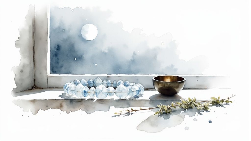A collection of crystal bracelets resting in a white bowl with dried sage for cleansing.