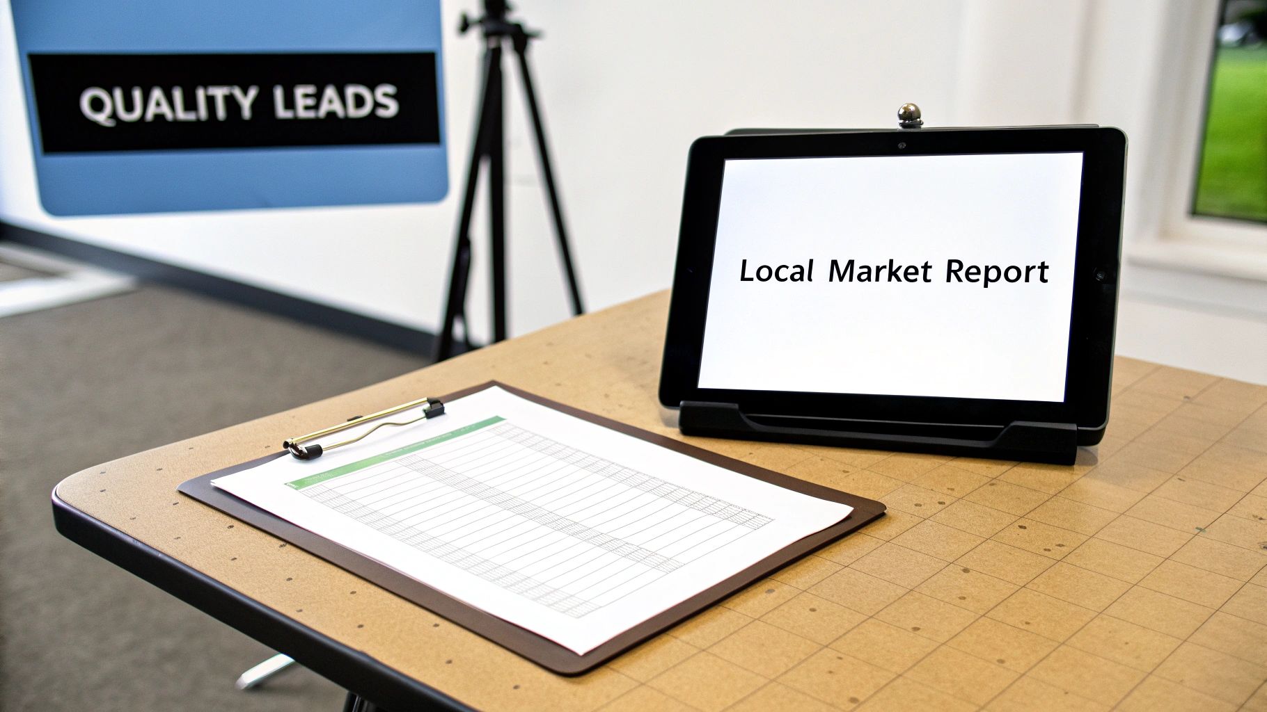 A table with a tablet displaying 'Local Market Report', a clipboard with paper, and a 'QUALITY LEADS' sign.