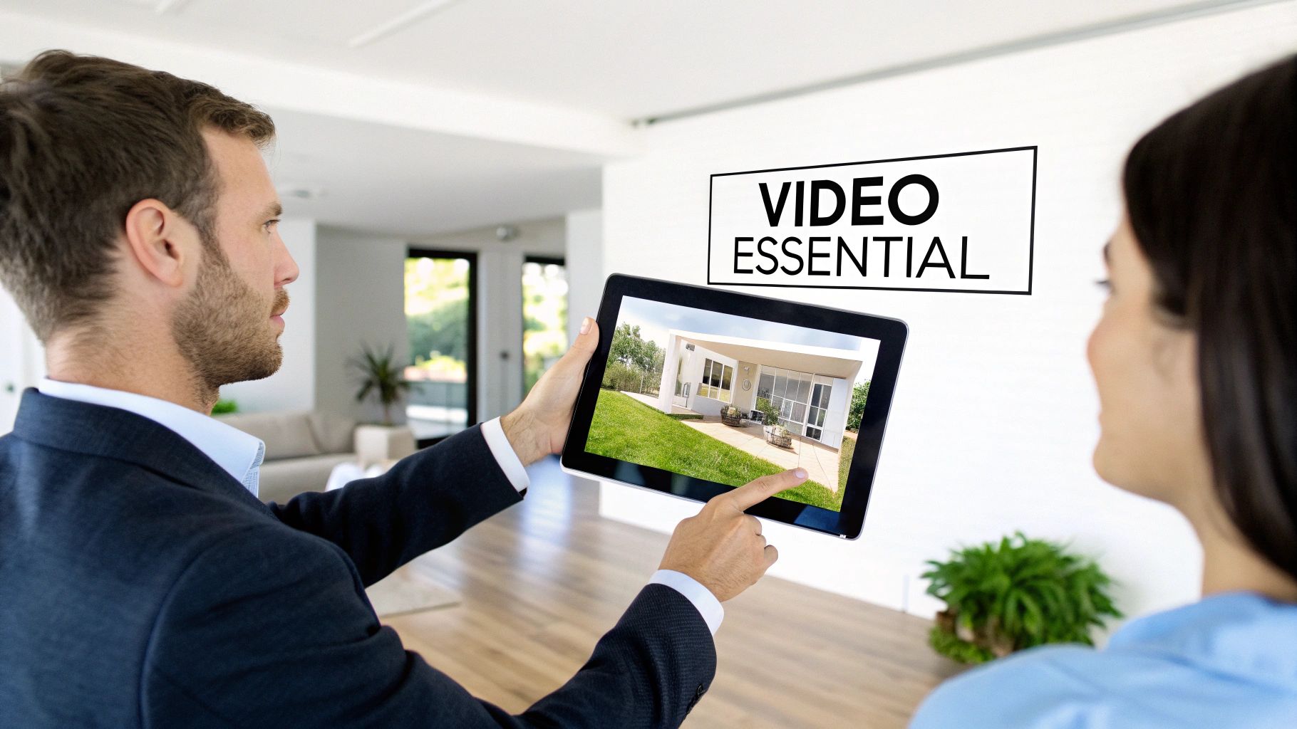 A man shows a modern house video on a tablet to a woman, with 'VIDEO ESSENTIAL' sign.