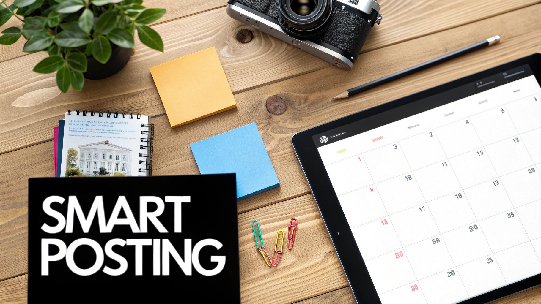 A desk with a "SMART POSTING" sign, a tablet displaying a calendar, camera, and office supplies for content creation.