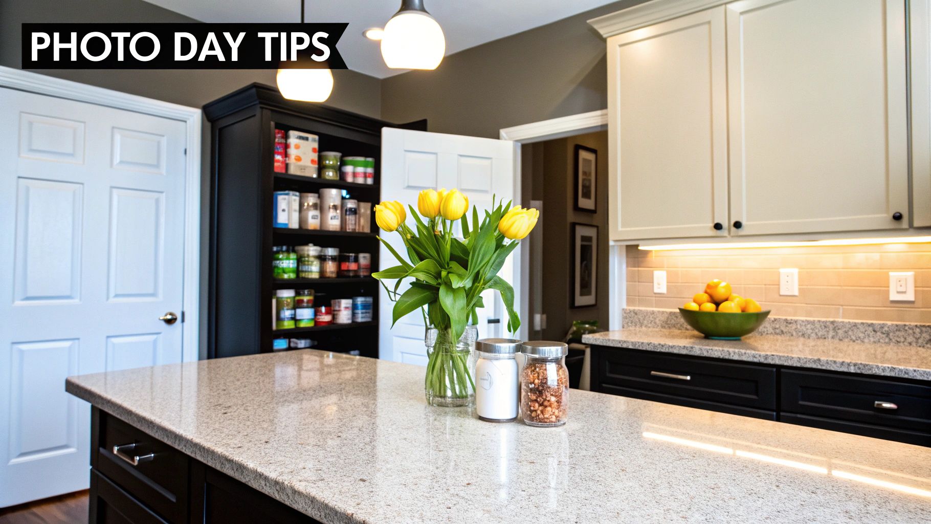 Staged modern kitchen with white cabinets, granite countertops, yellow tulips and organized pantry for home selling