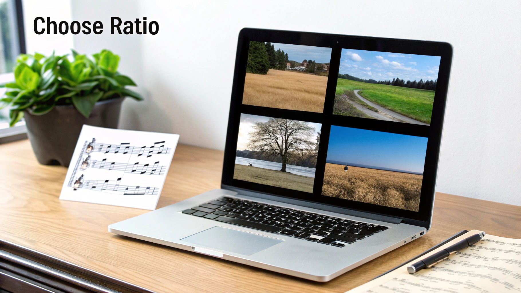A laptop on a wooden desk displays nature photos, with sheet music and a green plant nearby.