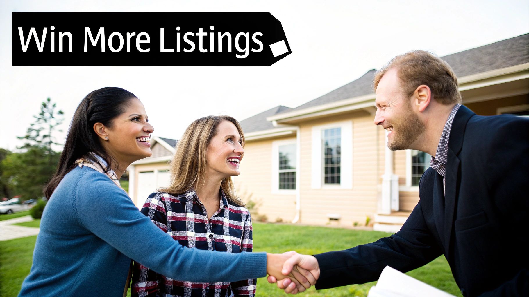 A real estate agent shakes hands with a happy client in front of a house, aiming to win more listings.