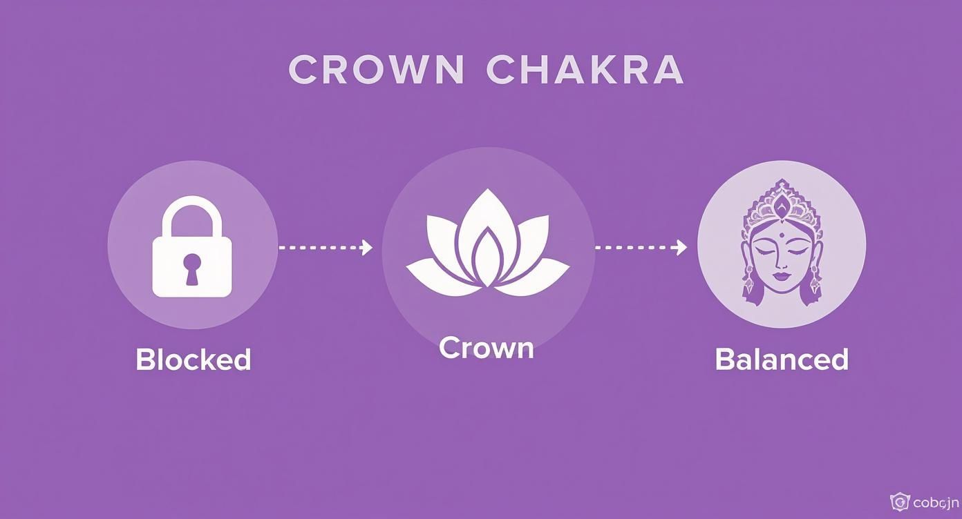Diagram illustrating crown chakra states: blocked (padlock), crown (lotus), and balanced (crowned face).