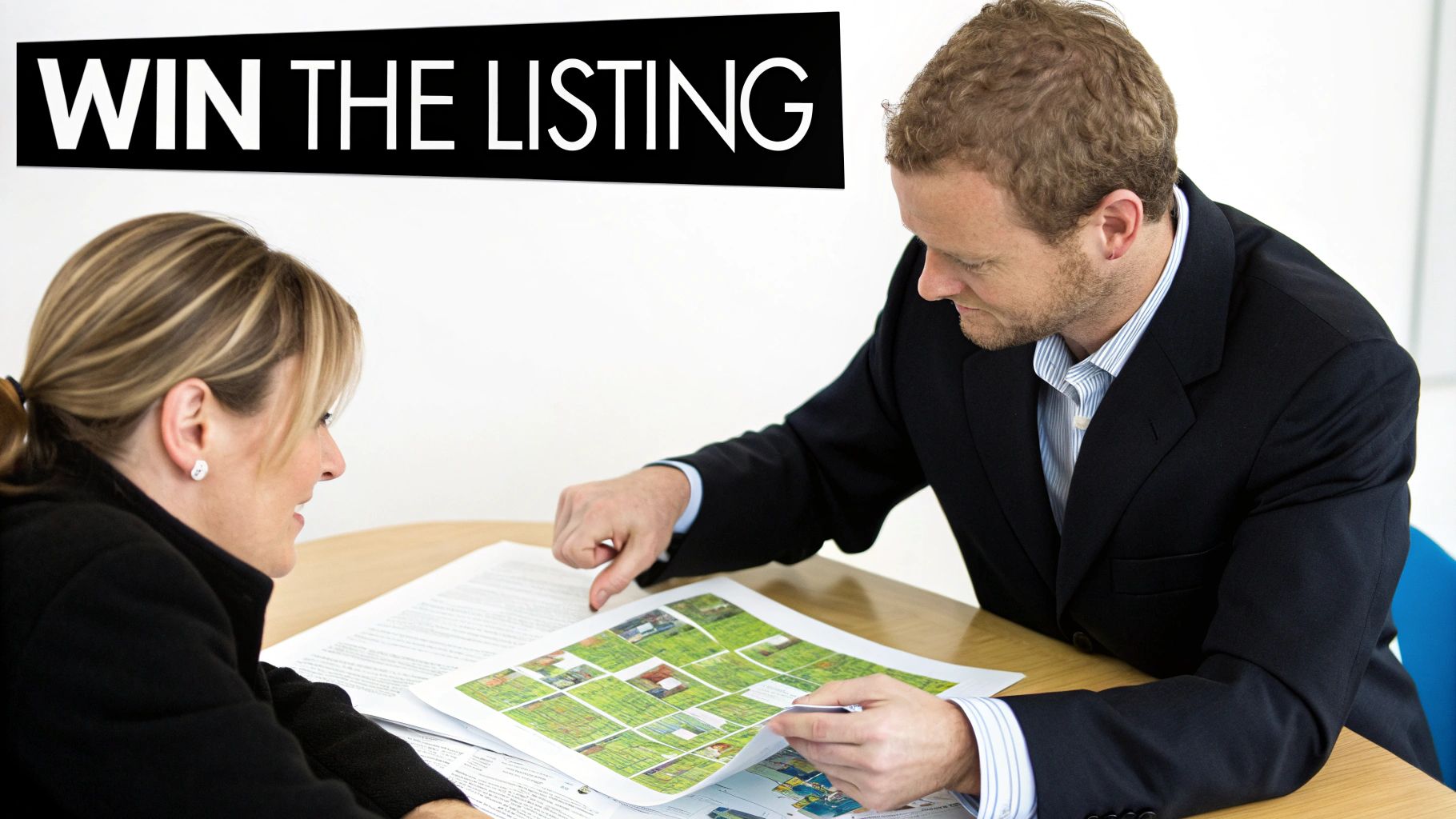 Two real estate agents discussing property documents and maps during a business meeting to win a listing.