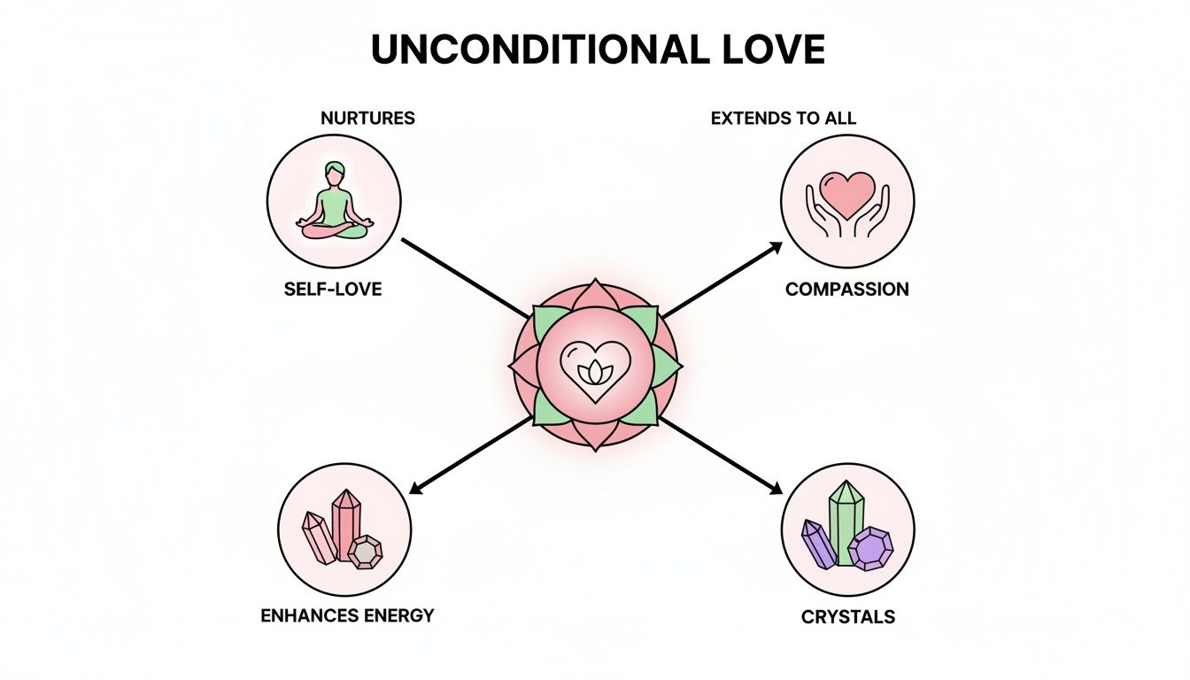 Diagram explaining unconditional love through self-love, compassion, and the energy enhancement of crystals.