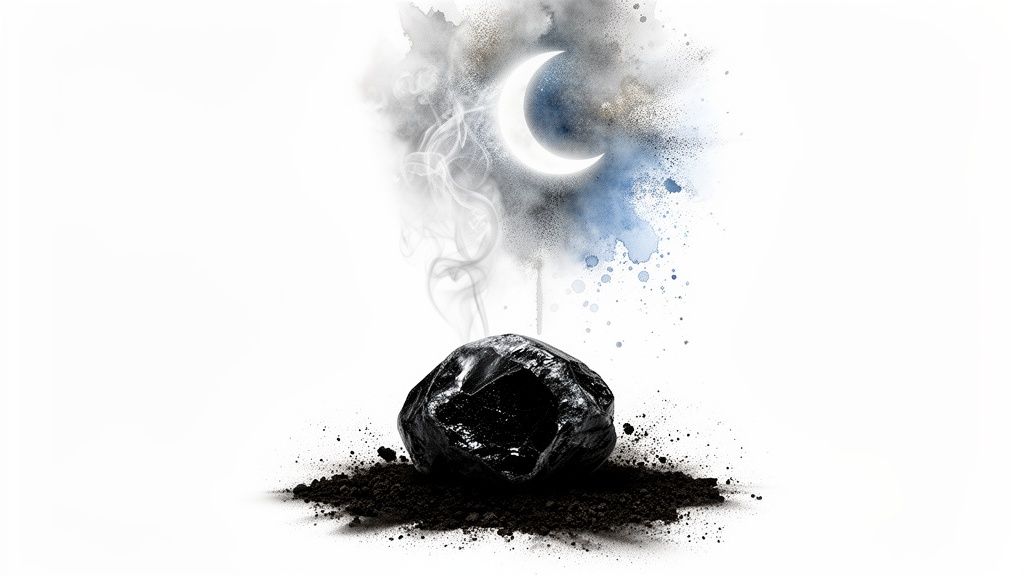 A black obsidian stone rests on dark earth, with smoke rising towards a glowing crescent moon and blue-grey cosmic splatters.