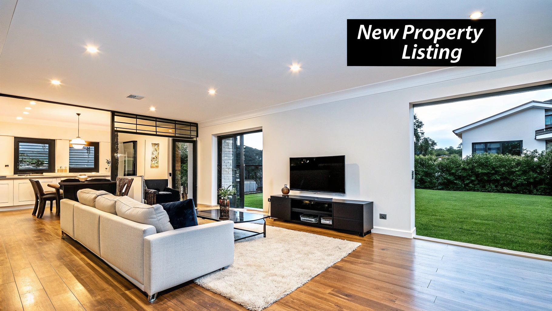 A spacious, modern open-plan living room and dining area with a large TV, wooden floors, and a view of a green backyard.