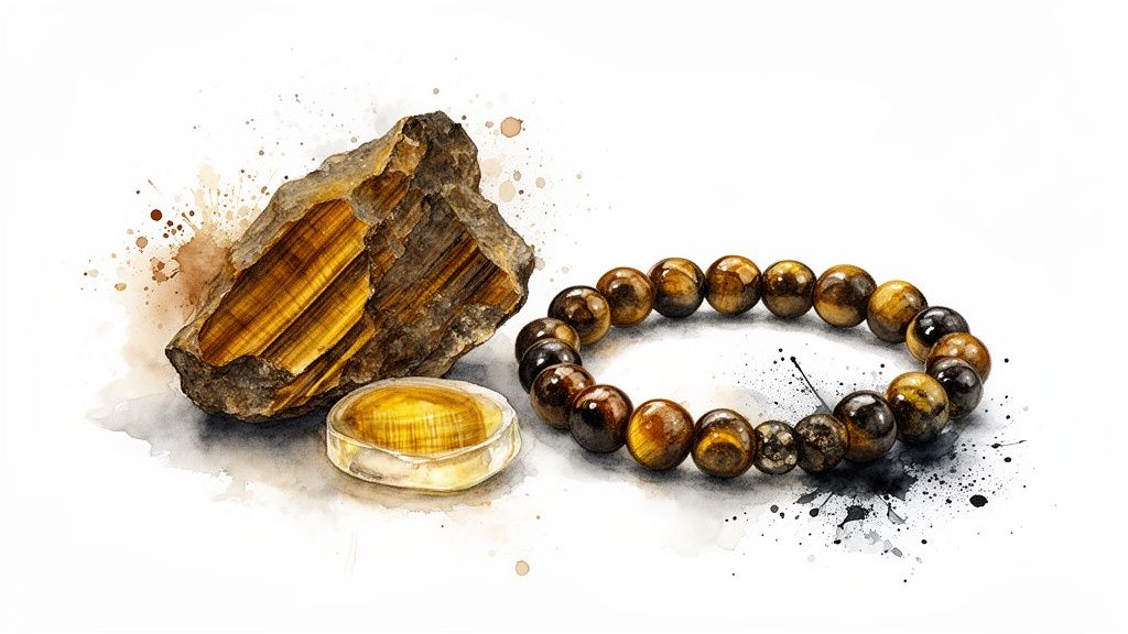 A raw Tiger's Eye crystal, a polished stone, and a beaded bracelet on a white background with watercolor splashes.