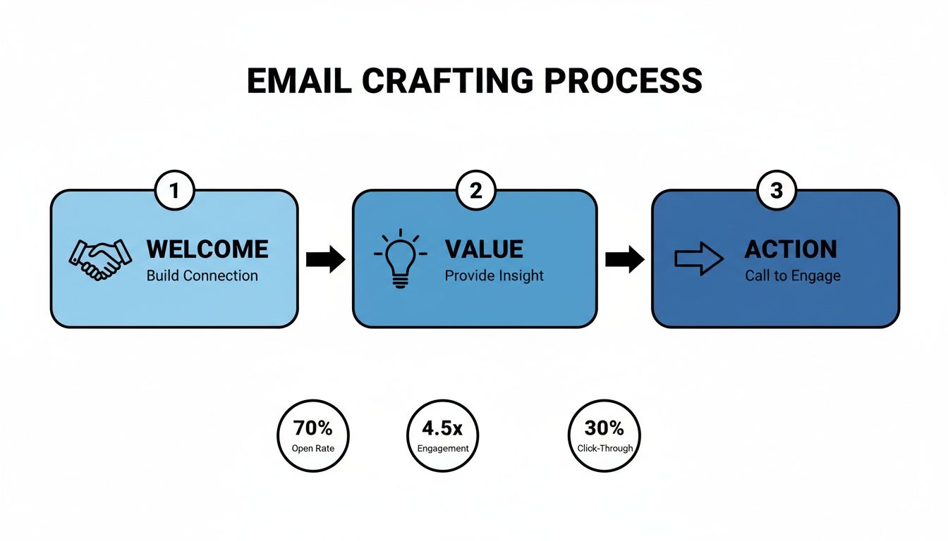 An infographic detailing a 3-step email crafting process: Welcome, Value, and Action, with performance metrics.