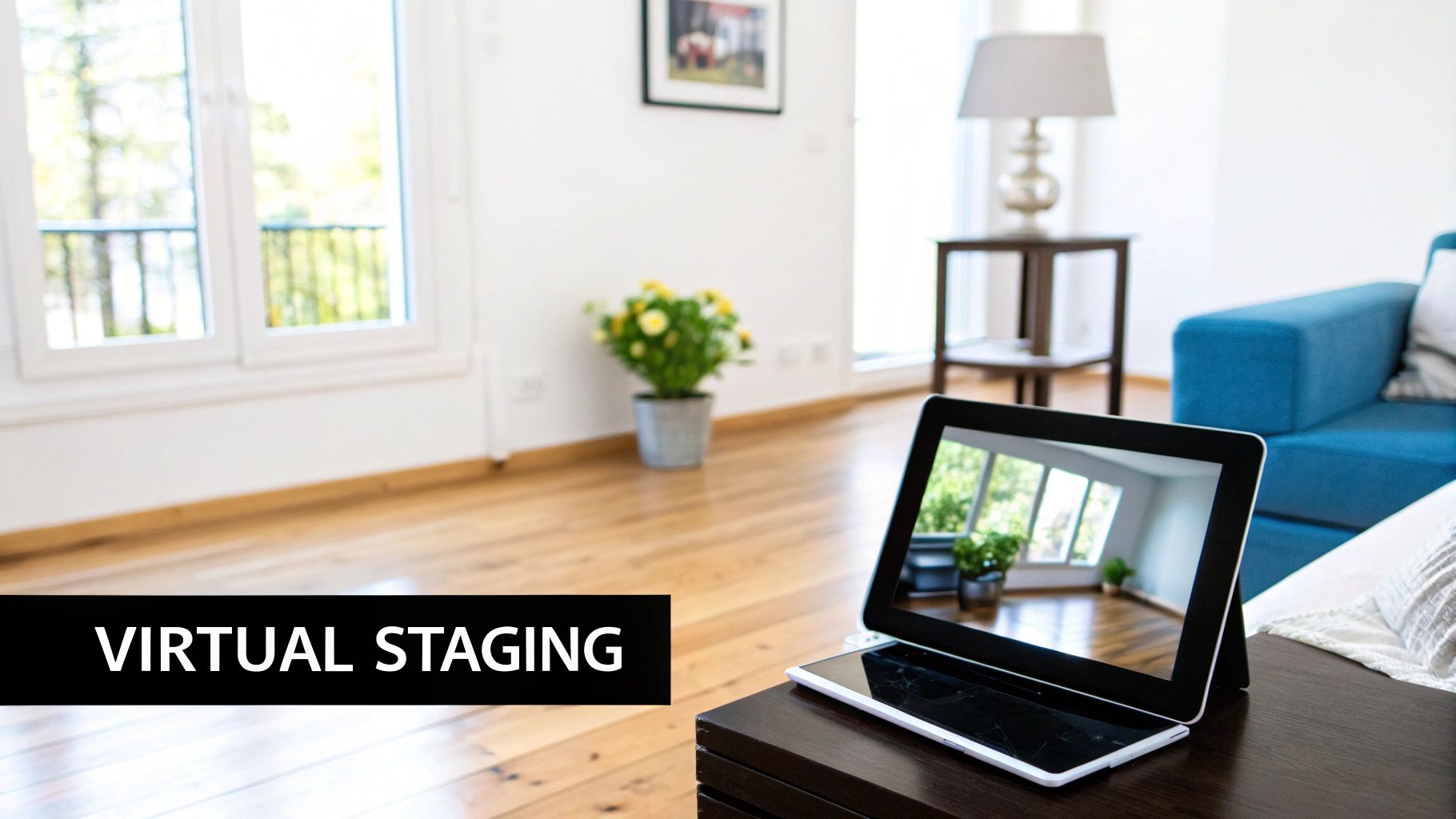 Virtual staging concept showing tablet displaying digitally furnished room in empty apartment space