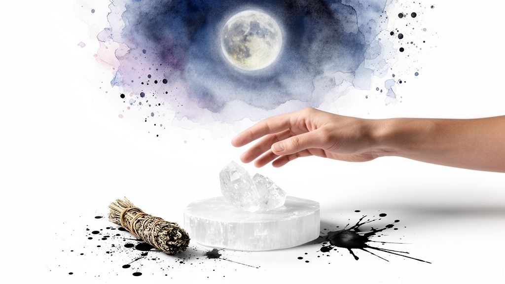 A hand reaches for clear quartz crystals on a selenite charging plate, with sage and a watercolor moon.