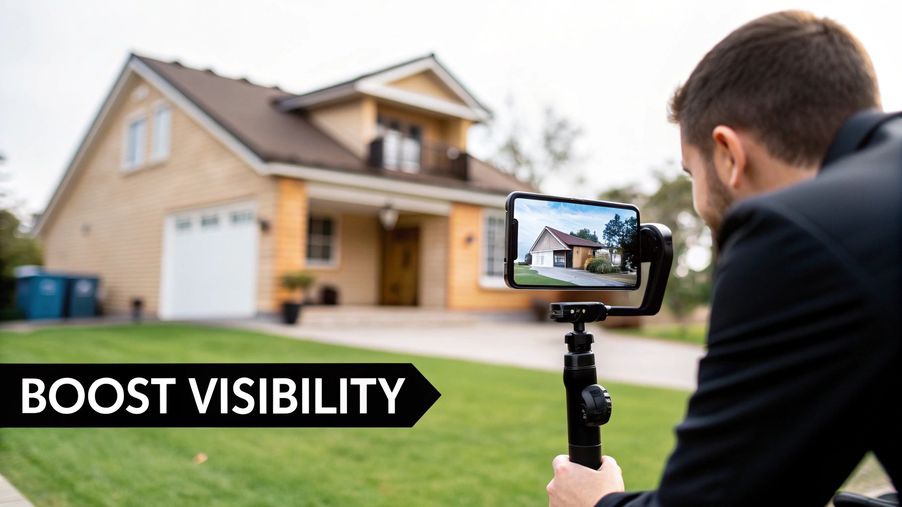 A person uses a smartphone on a gimbal to film a residential house, enhancing property visibility.