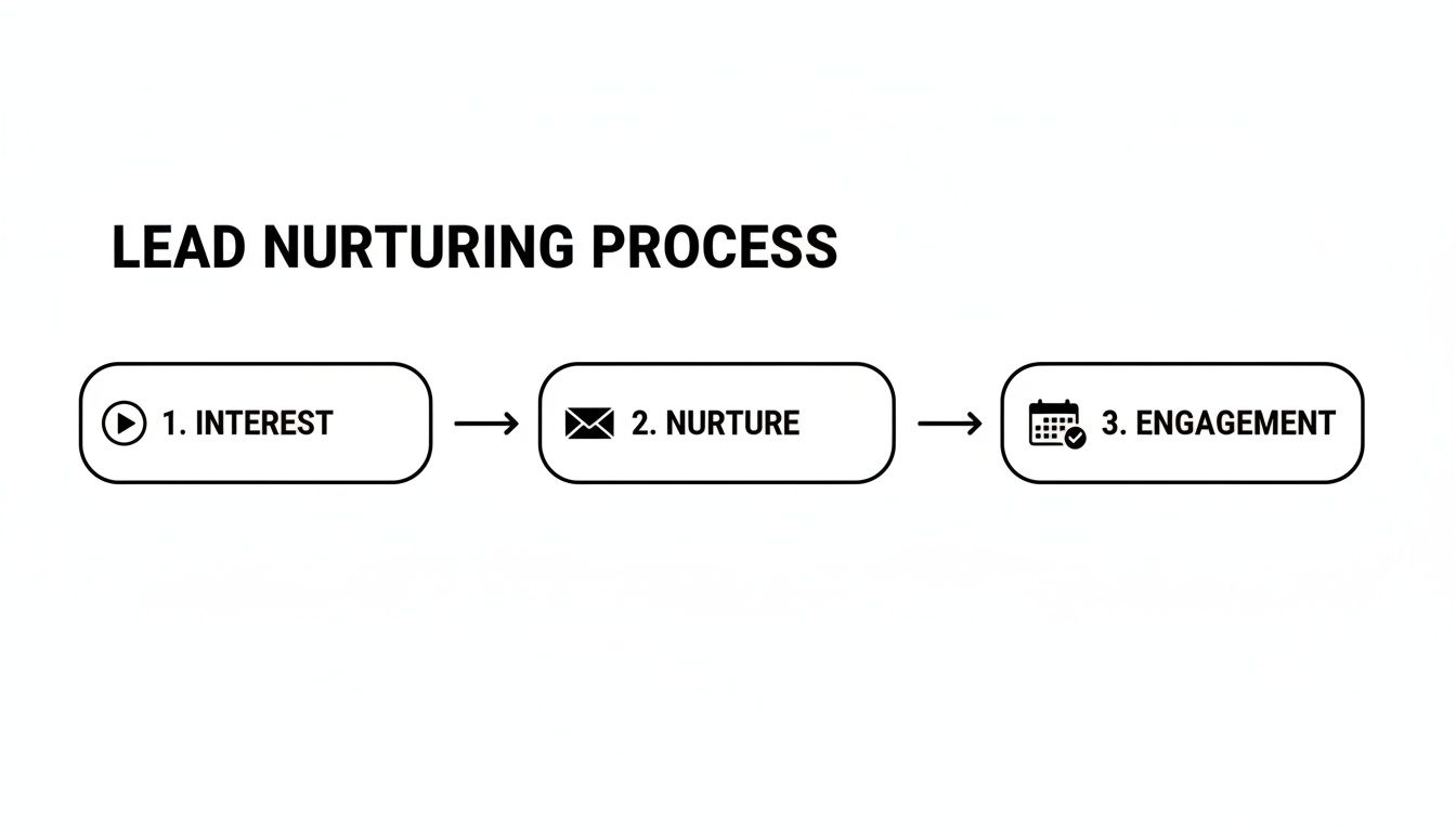 Flowchart illustrating the three-step lead nurturing process: interest, nurture, and engagement with icons.