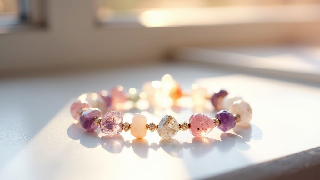 Beautiful natural crystal bracelet featuring colorful raw stones, shimmering under gentle sunlight.
