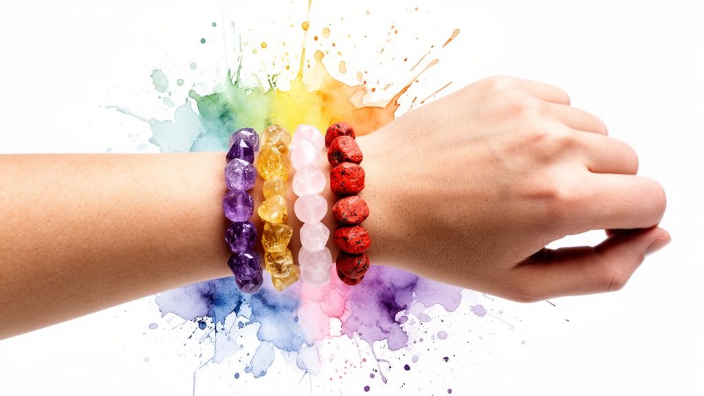 A person's arm displaying four gemstone bracelets (amethyst, citrine, rose quartz, red jasper) on a vibrant watercolor background.