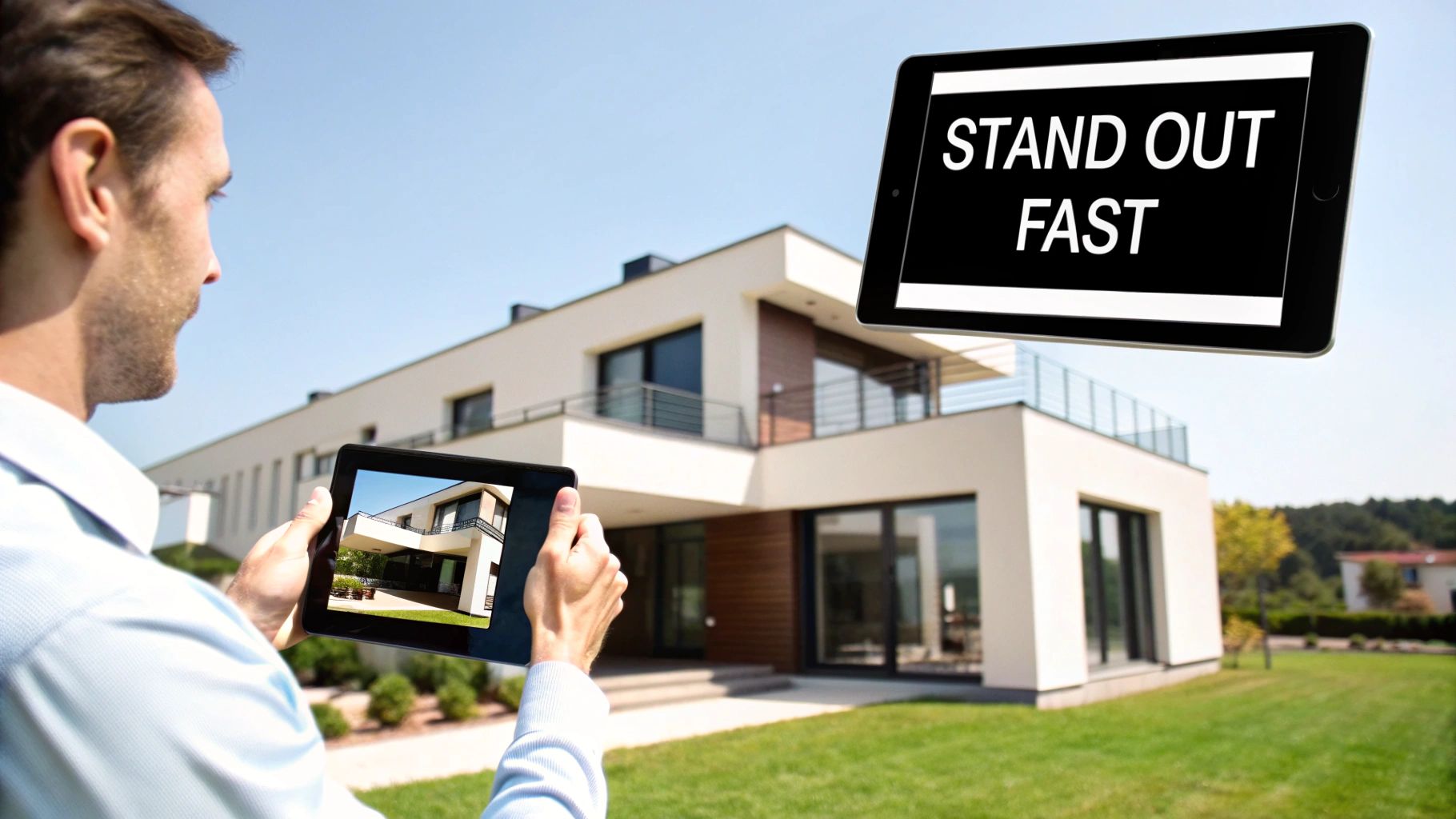Man holding a tablet displaying a modern house, with another tablet showing 'STAND OUT FAST' in the sky.