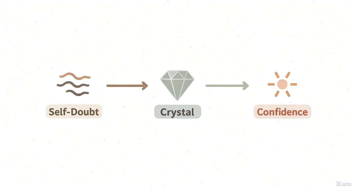 Self-doubt transforms through crystal healing into confidence, illustrated by diamond symbol and sun icon