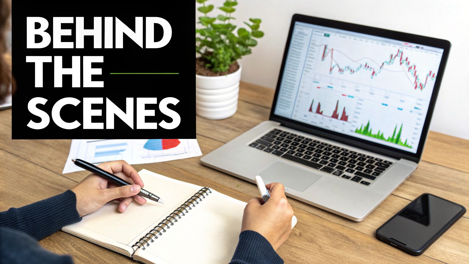 Hands writing in a notebook at a desk with a laptop showing financial graphs, labeled 'Behind the Scenes'.