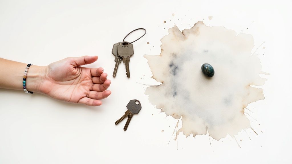 Hand reaching for keys beside watercolor stain and dark green calming stone for anxiety relief