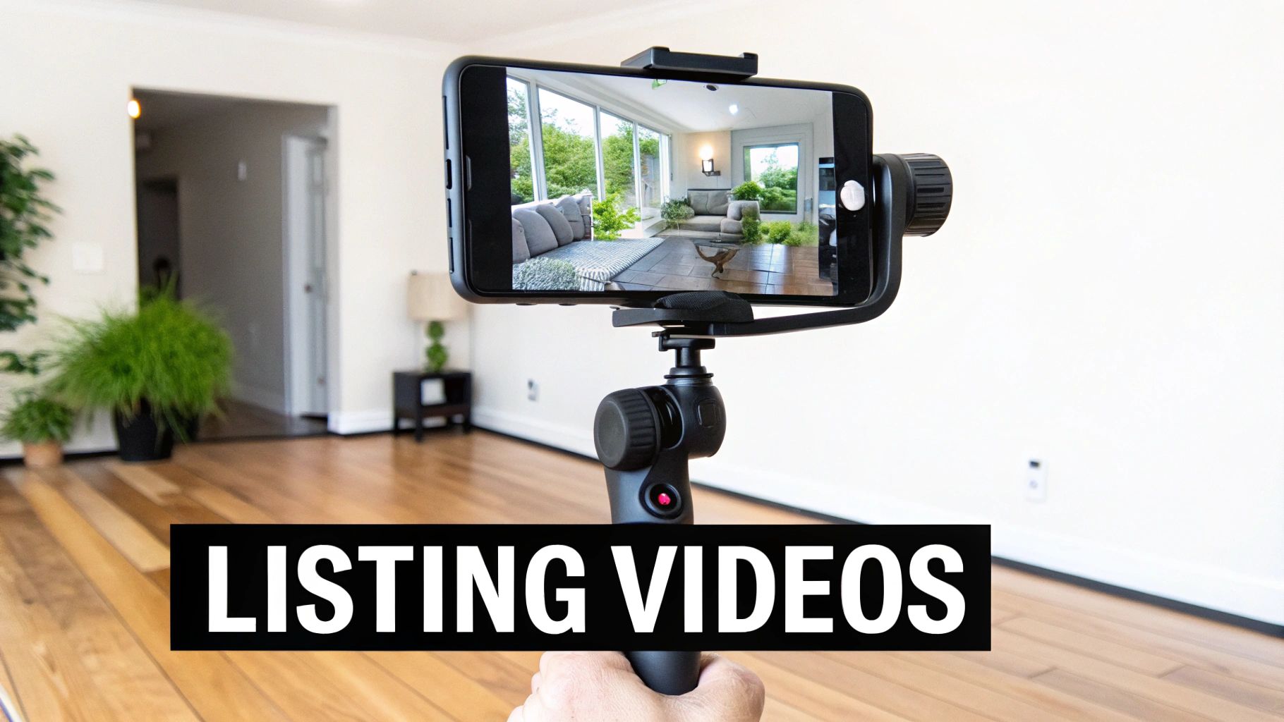 A hand holds a smartphone on a gimbal, recording a bright, modern living room for a real estate listing.