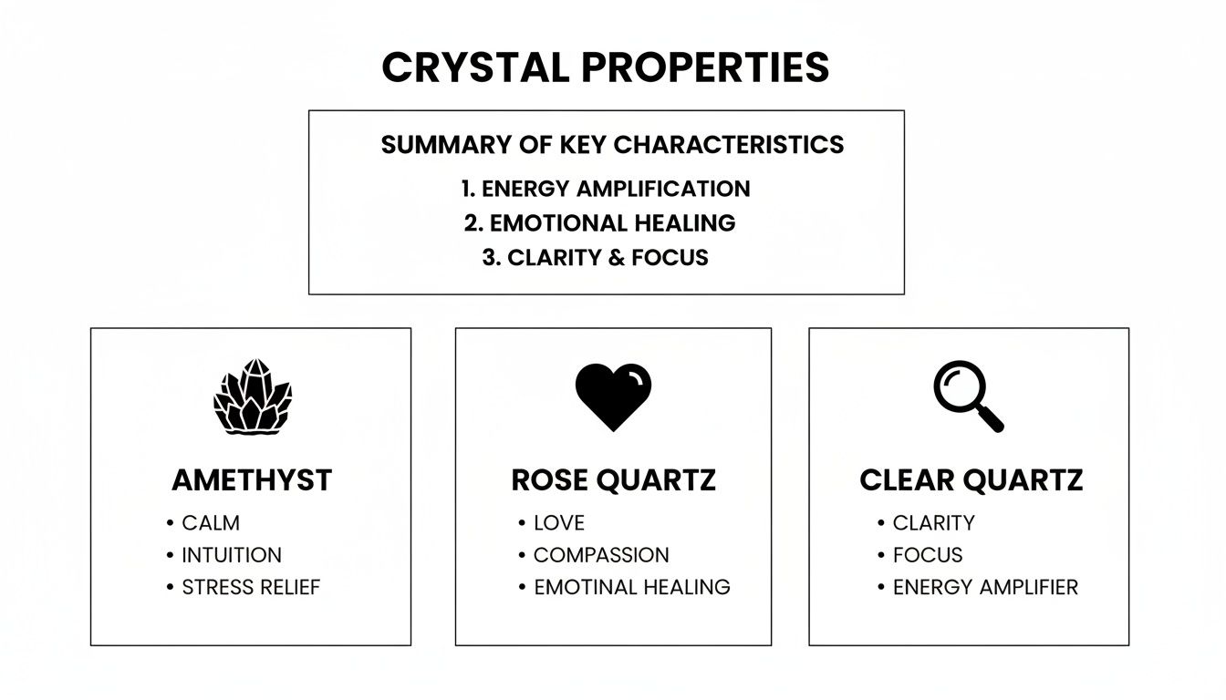 A diagram illustrating crystal properties, detailing amethyst, rose quartz, and clear quartz characteristics and benefits.