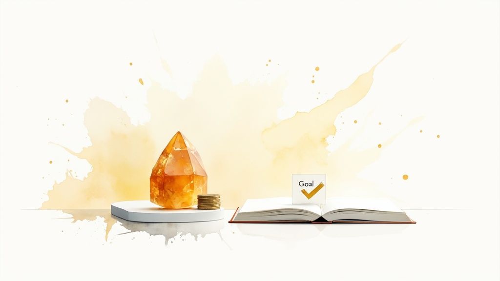A citrine crystal and gold coins on a pedestal next to an open book with a 'Goal' card.