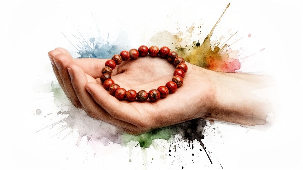 Hands gently cradle a circular red and brown beaded bracelet on a colorful watercolor splash background.