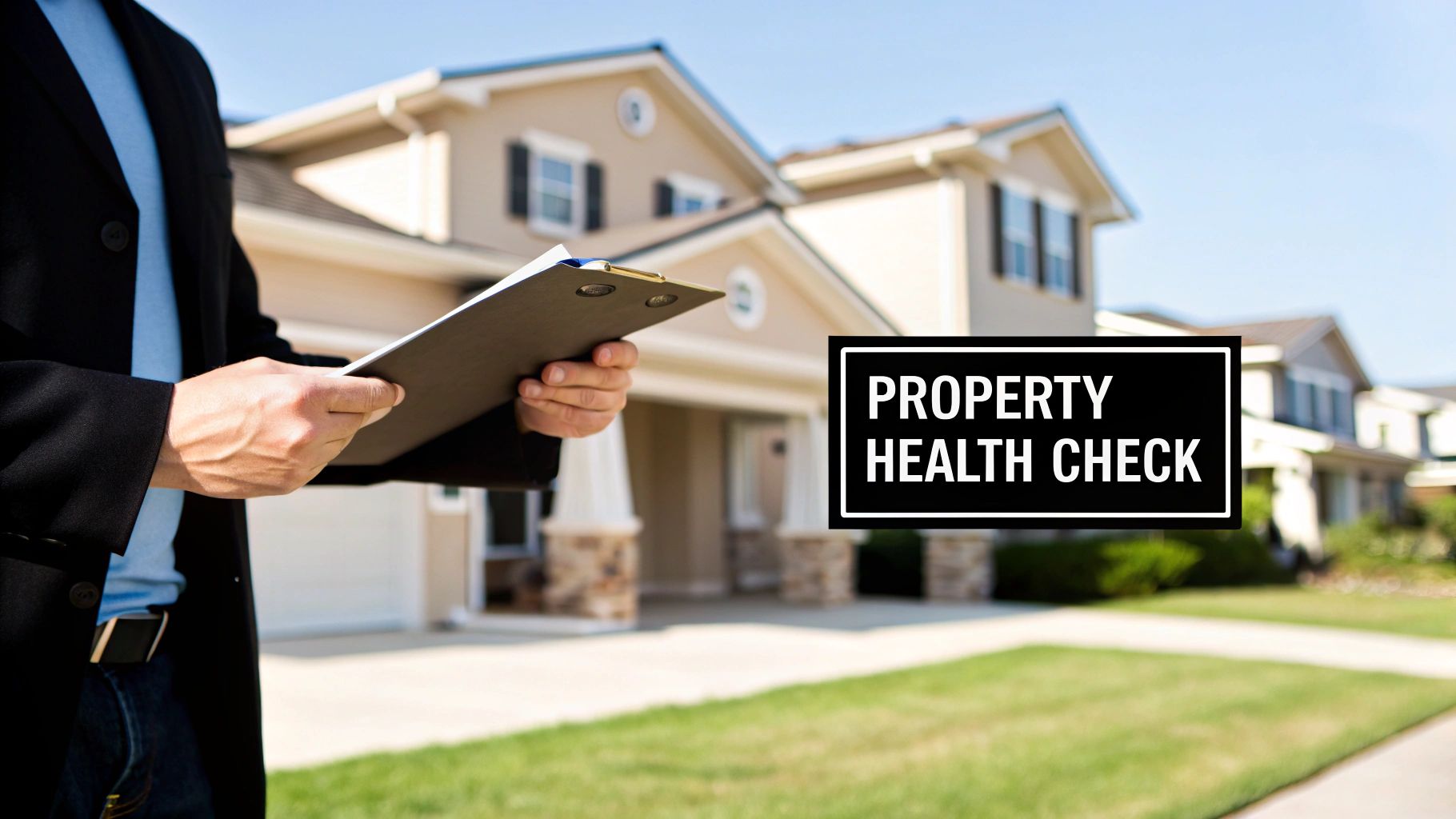 A person in a suit holds a clipboard, performing a property health check in front of modern houses.