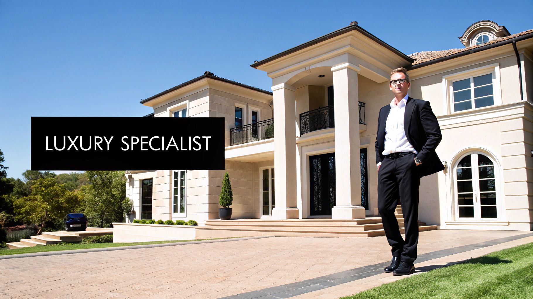 A professional man in a suit stands confidently in front of a grand luxury house, with 'LUXURY SPECIALIST' text.