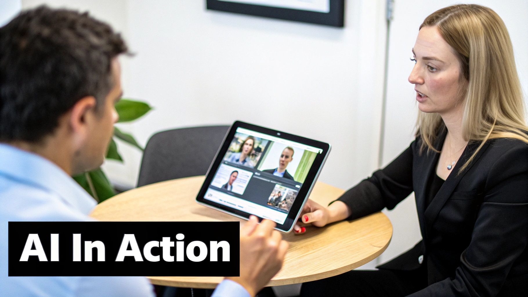 Woman holding a tablet showing a video conference, demonstrating AI technology in an office meeting.