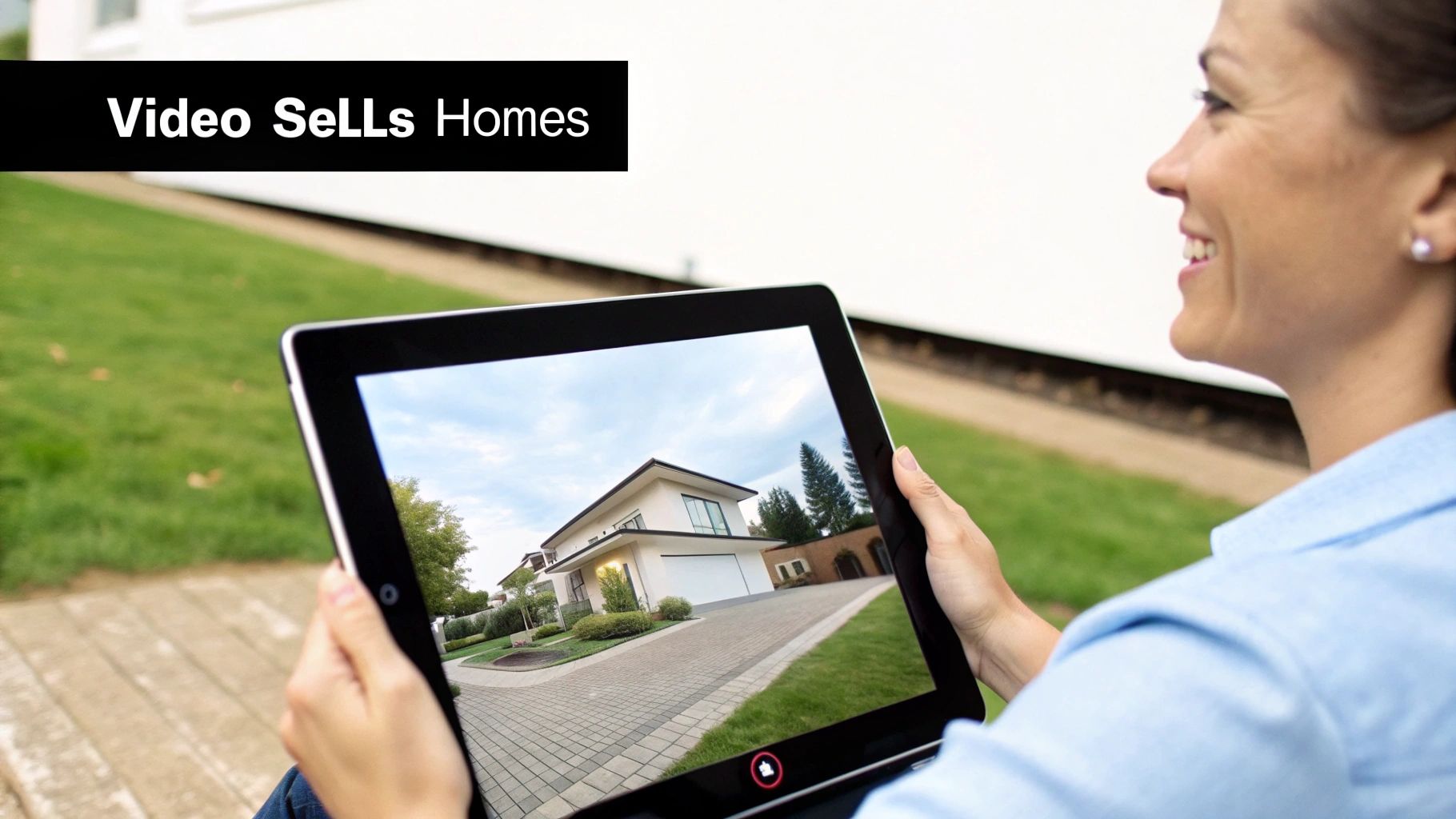 Smiling woman holds a tablet showing a modern house, promoting real estate video marketing.