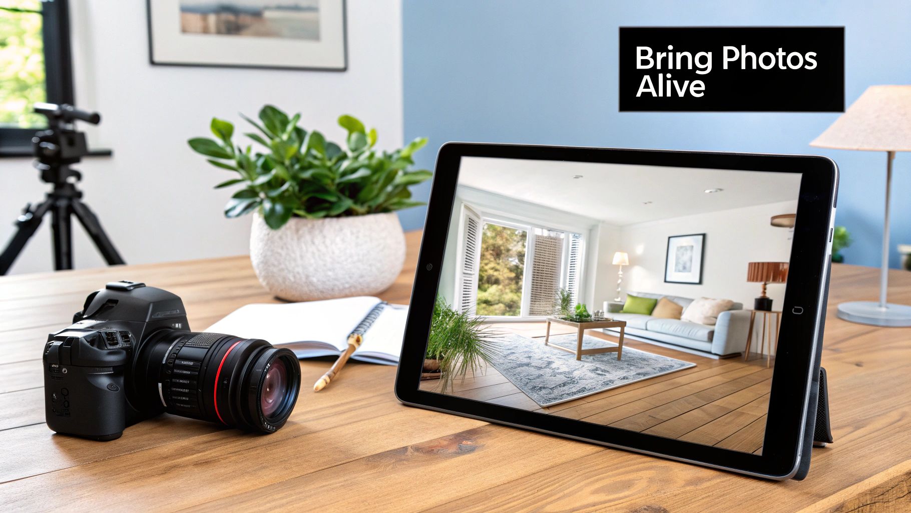 A DSLR camera and a tablet displaying a virtual tour of a modern living room on a wooden desk.