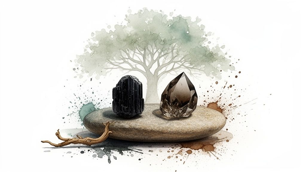 Watercolor illustration of black tourmaline and smoky quartz crystals on a stone with a tree.