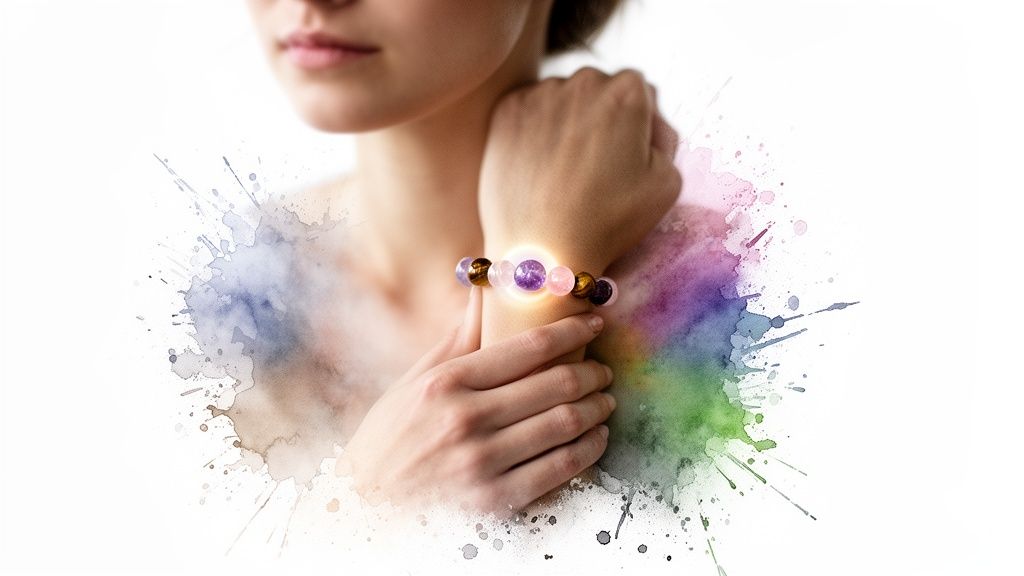 Woman's arm adorned with a glowing gemstone bracelet amidst vibrant watercolor art.