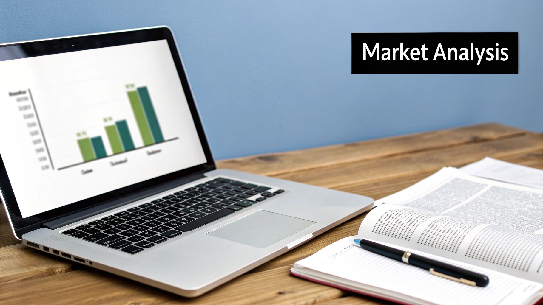 A laptop displaying a market analysis graph, with a pen, notebook, and papers on a wooden desk.