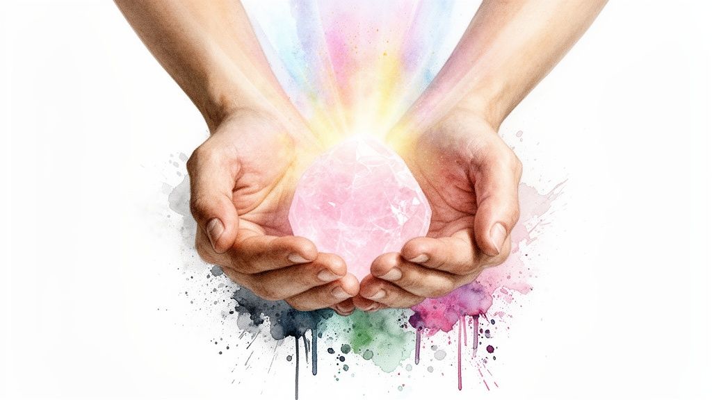 Two hands gently cup a glowing pink rose quartz crystal, surrounded by vibrant watercolor splashes.