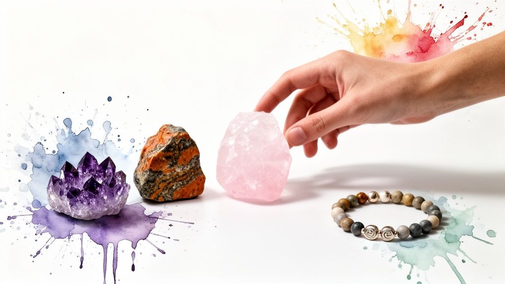 A hand picks up a pink rose quartz crystal among other natural crystals and a beaded bracelet.