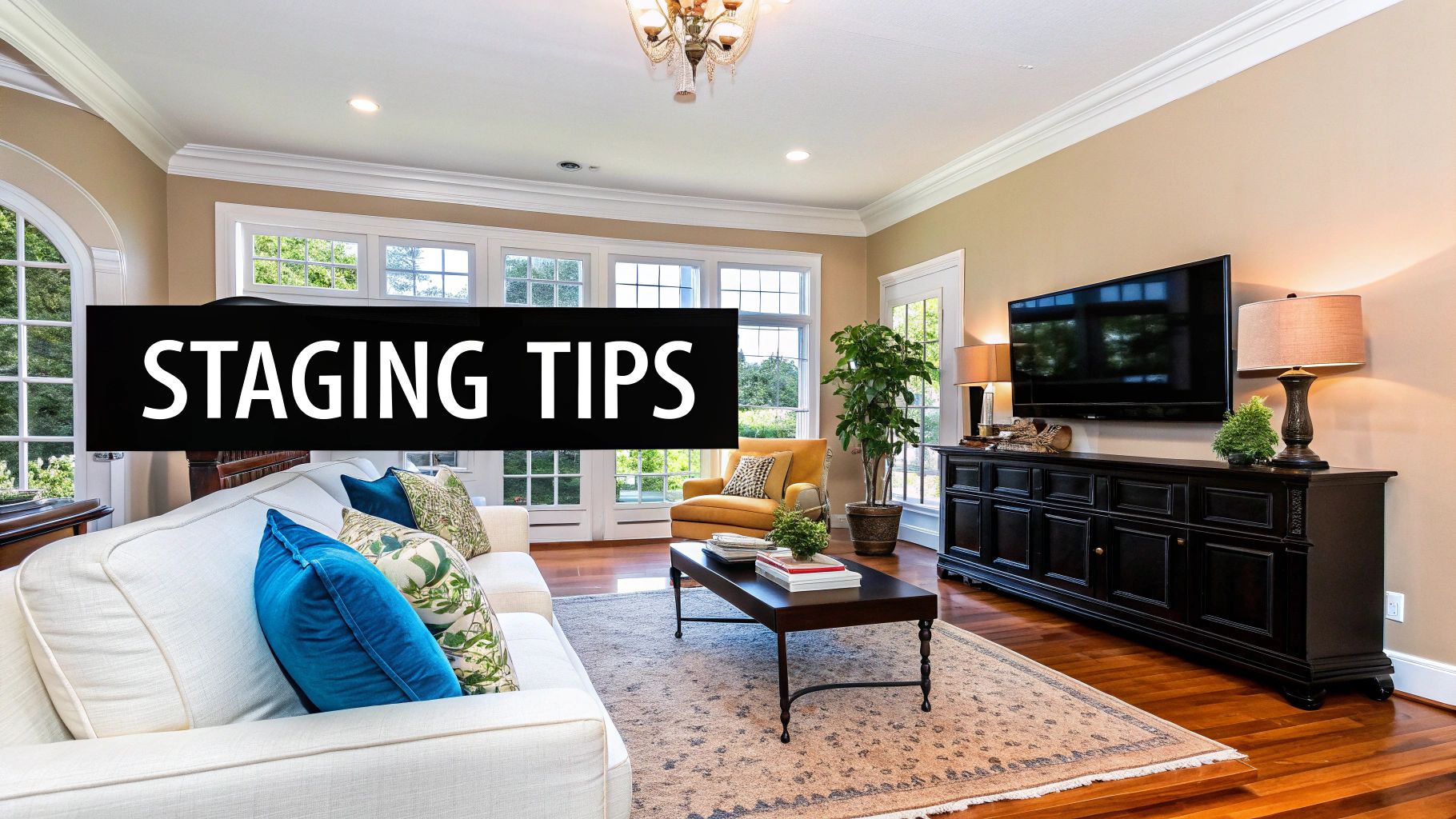 A beautifully staged living room with a white sofa, coffee table, TV, and large windows.