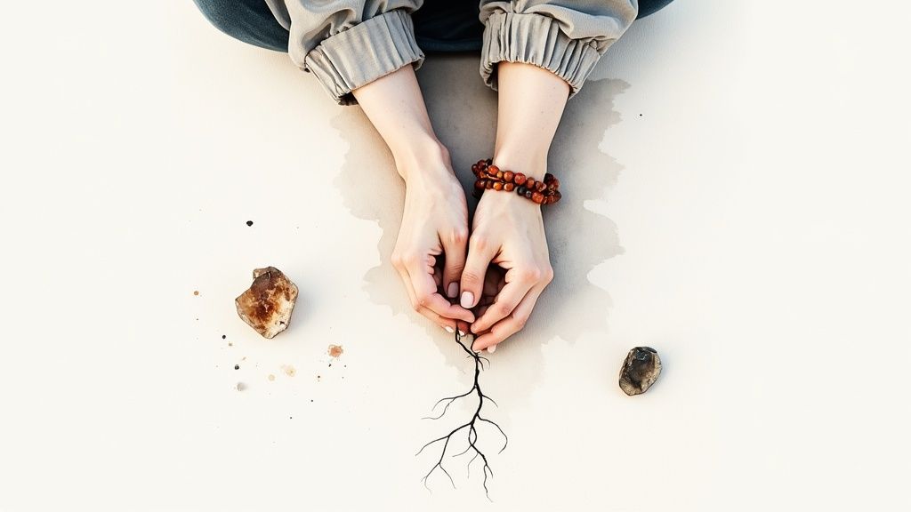 Woman holding a grounding crystal bracelet
