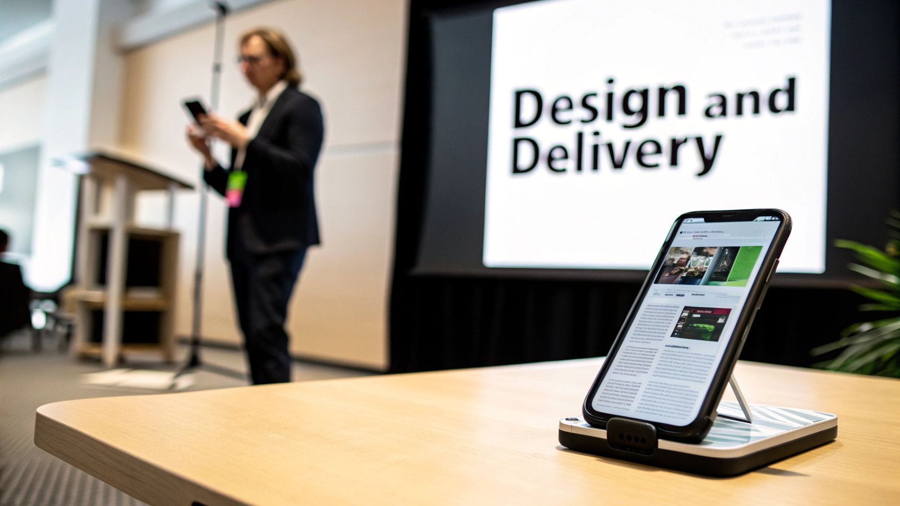 Smartphone displaying content on a desk, with a blurred presenter and 'Design and Delivery' screen.