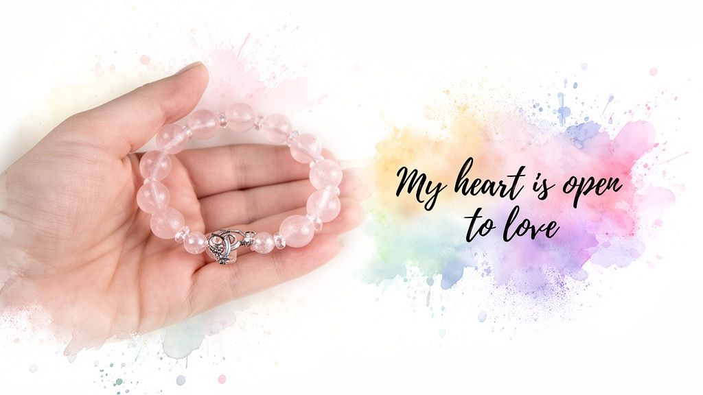 A hand holds a delicate pink rose quartz beaded bracelet with a silver charm, next to a love affirmation.