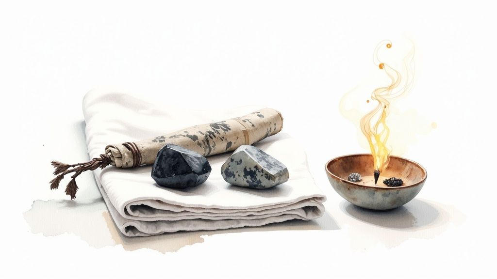 Person cleansing crystals with sage smoke