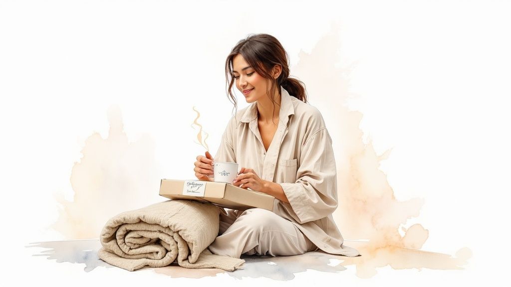A smiling woman in pajamas holds a steaming mug, sitting beside a rolled blanket and gift box.