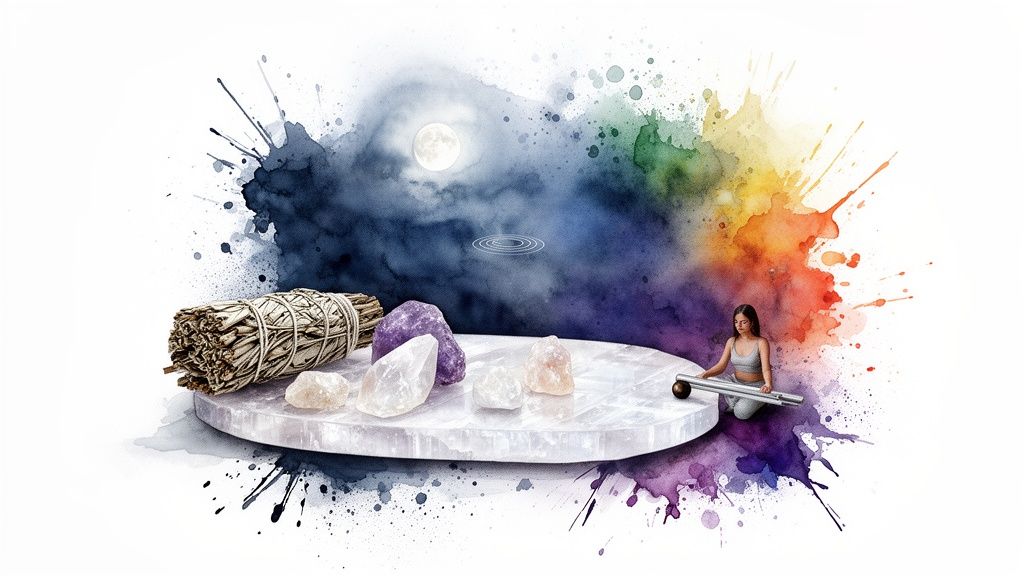 A serene image of healing crystals, sage bundle, and a meditating woman on a colorful watercolor splash background.