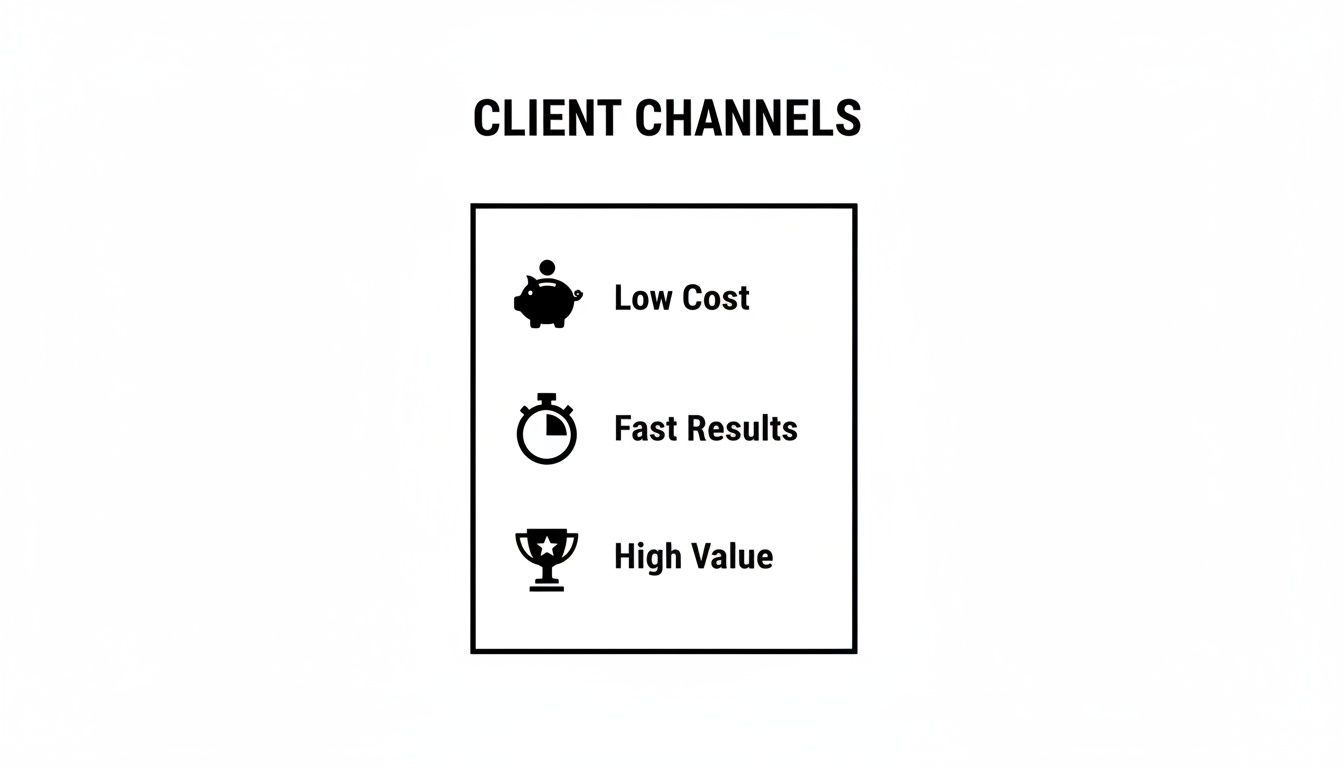 Client channels outlining low cost, fast results, and high value strategies.