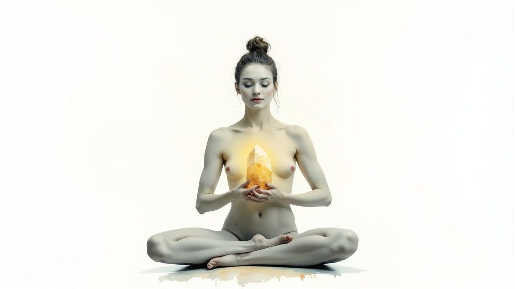 A nude woman meditates in lotus position, holding a glowing yellow crystal against a white background.