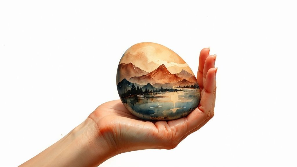 A hand delicately holds an egg-shaped rock with a watercolor painting of mountains, a lake, and trees.