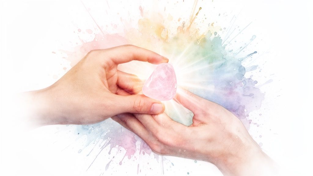 Hands passing a glowing rose quartz crystal surrounded by vibrant watercolor energy.