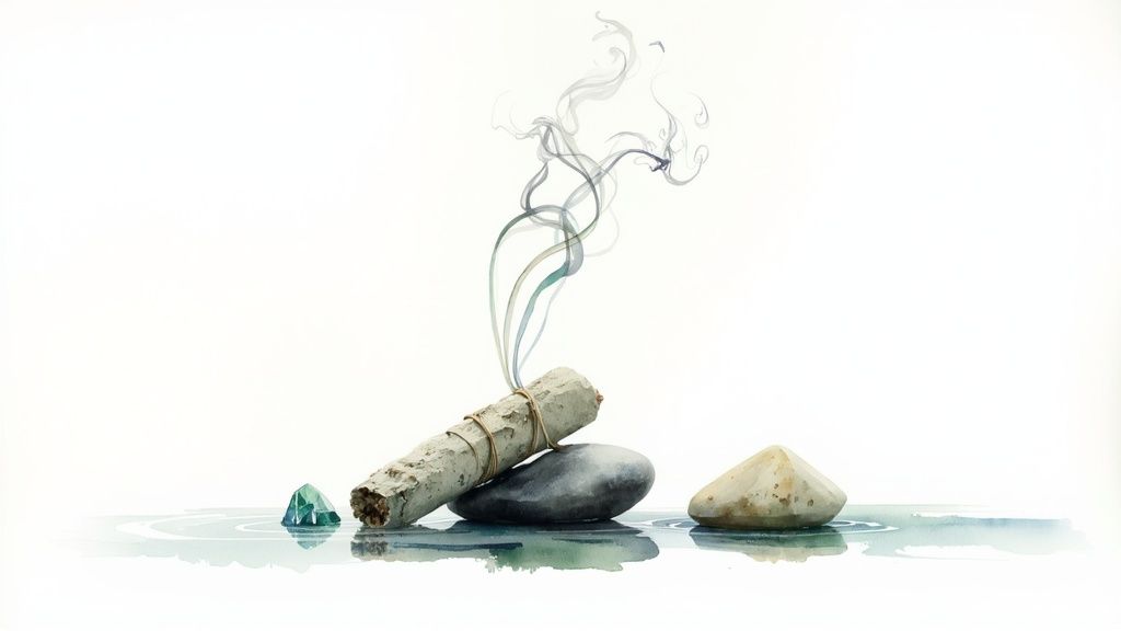 A watercolor painting of a smoldering sage bundle with smoke, smooth stones, and a green crystal in water.